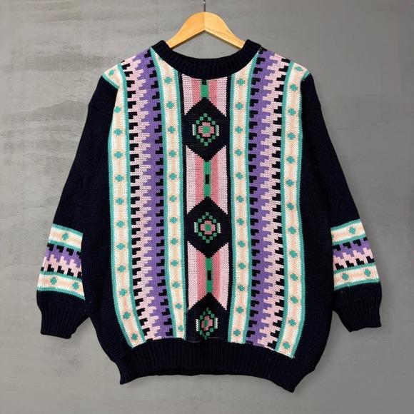 Clifton Place Knits Ltd Sweaters - vintage Clifton Place Sweater Navy Blue Southwestern Aztec Knit Mock Neck XL